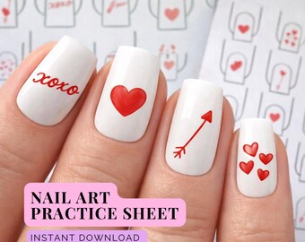 Folhas de exercícios de nail art para o Dia dos Namorados | Desenhos minimalistas com linhas (Download digital)