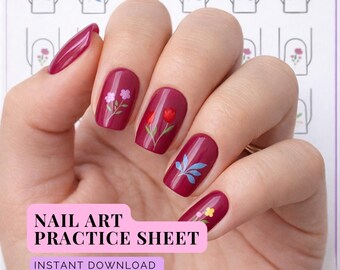 Folha de exercícios de nail art com flores da primavera, mini desenhos de primavera (download em PDF, formato A5/Carta).