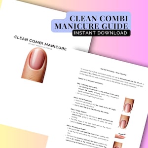 Op de afbeelding: Een gids getiteld "Clean Combi Manicure" met instructies en illustraties voor nagelverzorging. Het document bevat tekst en diagrammen met details over technieken voor het reinigen van nagelriemen en sinussen, met de nadruk op nagelboortechnieken. Direct downloaden.