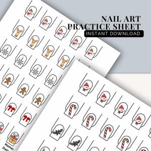 Puede incluir: Dos hojas blancas con diseños de práctica de arte de uñas. Cada diseño de uñas presenta ilustraciones temáticas navideñas, incluyendo muñecos de nieve, renos, copos de nieve, hombres de jengibre, lazos, bastones de caramelo, acebo y cajas de regalo. El texto dice "NAIL ART PRACTICE SHEET" y "INSTANT DOWNLOAD."