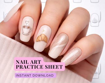 Folha de exercícios de nail art com tema de café, cartões de treinamento com mini desenhos (download em PDF, formato A5/Carta).
