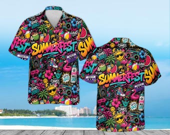 Camisa hawaiana estilo retro de los 90, camisa Aloha tropical con arte graffiti, camisa abotonada para vacaciones de verano, top unisex colorido para la playa.