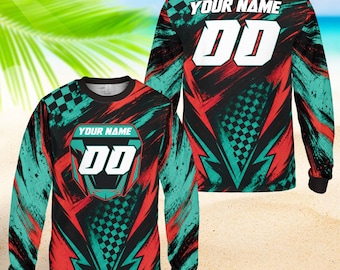 Personalisiertes Motocross-Langarmshirt, benutzerdefinierter Name und Nummer Racing Jersey, Dirt Bike Geschenk für Männer Frauen Kinder, Unisex Sportbekleidung