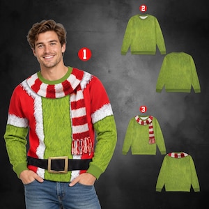 May include: A long-sleeve crewneck sweater featuring a red and green fur-textured print, a white faux-fur trim, a black belt graphic with a gold buckle, and an attached red and white striped knit scarf with fringe, shown in three variations.