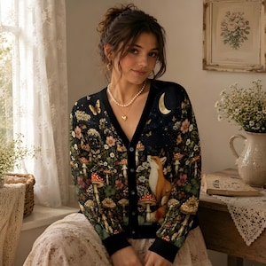 May include: A black V-neck cardigan featuring a detailed print of a fox, various mushrooms, wildflowers, butterflies, and a crescent moon. The garment has a button-down front with dark buttons and solid black trim along the neckline and cuffs.