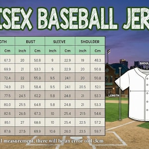 May include: White unisex baseball jersey with a size chart. The chart shows measurements in inches and centimetres for length, bust, sleeve, and shoulder. The jersey is displayed on a baseball field.