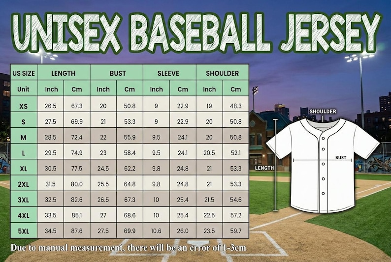 May include: White unisex baseball jersey with a size chart. The chart shows measurements in inches and centimetres for length, bust, sleeve, and shoulder. The jersey is displayed on a baseball field.