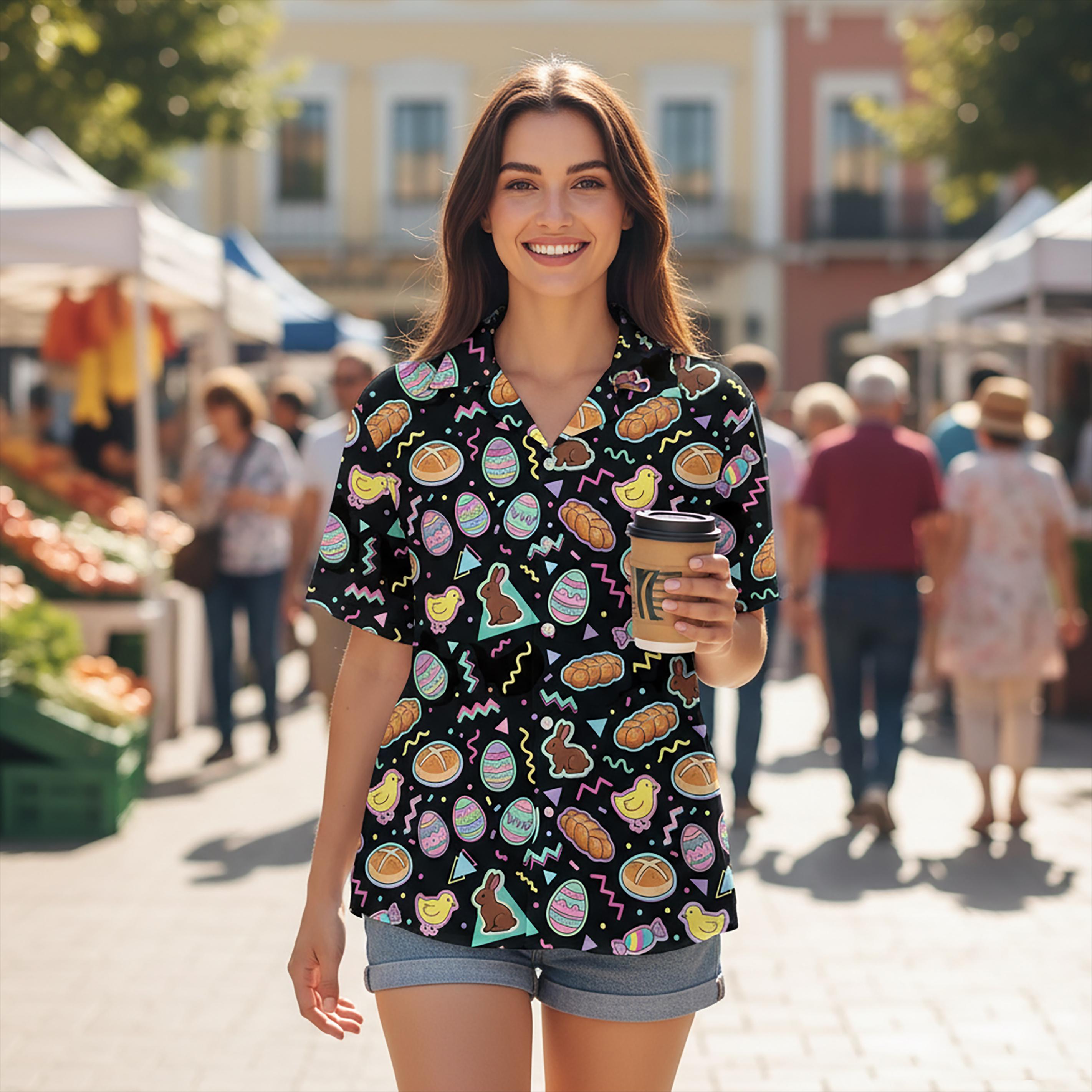 Discover Easter Sweet Treats Hawaiian Shirt, Festive Bunny and Chick Pattern Button Down, Pastel Holiday Party Top, Traditional Easter Bread Gift