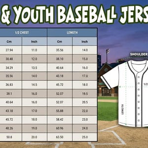 May include: White baseball jersey with black trim, a size chart, and the text "KIDS & YOUTH BASEBALL JERSEY." The chart shows chest and length measurements in cm and inches for sizes from 6 months to Youth Large.