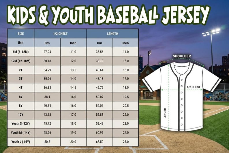 May include: White baseball jersey with black trim, a size chart, and the text "KIDS & YOUTH BASEBALL JERSEY." The chart shows chest and length measurements in cm and inches for sizes from 6 months to Youth Large.