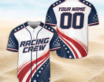 Personalized Racing Team Jersey Gift for Car Lover Men Women Kids Racing Crew Patriotic USA Stars and Stripes Shirt Custom Pit Crew Gear