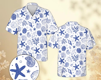 Seestern und Muschel Hawaii-Hemd, Unisex Ozean Thema Aloha Shirt, Strand Urlaub Button Down, Küstensommer Shirt Männer Frauen Geschenk