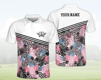 Leopard Tropical Palm Golf Shirt, personalisiertes Herren Damen Polo, benutzerdefinierte Name Sportbekleidung, rosa blaues Leopard Golf Top, Geschenk für Golfer