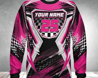 Kundenspezifisches Rennsport-Langarmshirt, personalisiertes Pink-Schwarz-Motocross-Jersey, Rennname und Nummerngang, lebendige Motorsportbekleidung