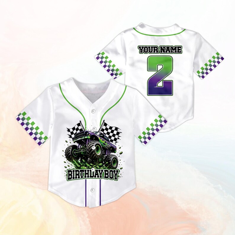 May include: White baseball jersey with green trim and a monster truck graphic. The front features the text "BIRTHDAY BOY" and the back has "YOUR NAME" above a large number 2. Checkered accents on the sleeves.