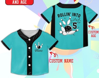 Personalized Bowling Birthday Baseball Jersey, Custom Any Age Custom Name Shirt, Cyan and Black Bday Party Outfit, Gift for Young Bowlers