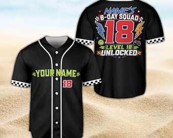 Benutzerdefiniertes Gamer Geburtstags-Baseball-Trikot, personalisiertes Level Unlocked B-Day Squad Shirt, Gaming-Thema-Party-Outfit, Unisex-Erwachsen-Jugendgeschenk