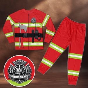 May include: A red long-sleeve shirt and matching pants set featuring a firefighter uniform print with yellow reflective stripes, a black utility belt, an axe, a flashlight, a radio, and a circular badge graphic with the text YOUR NAME.