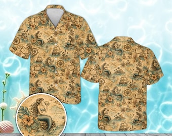 Meerjungfrau Vintage Karte Hawaiihemd, Wassersegelschiff Aloha Shirt, Retro Ocean Beach Button Down, Sommerurlaub Geschenk Männer Frauen