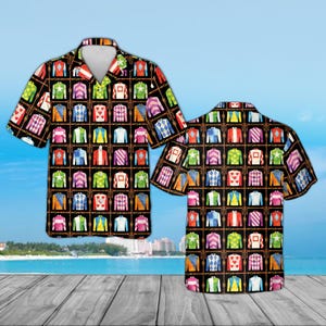 Vintage Horse Racing Jockey Silks Hawaiian Shirt, Retro Derby Day Grid Pattern Button Up, Colorful Equestrian Summer Top, Lucky Racing Fan