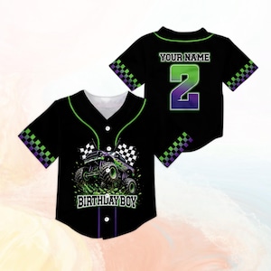 May include: Black baseball jersey with green and purple detailing. The front displays a monster truck graphic and the text "BIRTHDAY BOY". The back has "YOUR NAME" above a number 2 with a green to purple gradient.