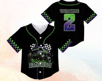 Kundenspezifisches Monstertruck-Geburtstags-Jungen-Baseball-Trikot, personalisiertes Kinder-Rennsport-Shirt, Lila und Grün, Kleinkind-Geburtstags-Oberteil