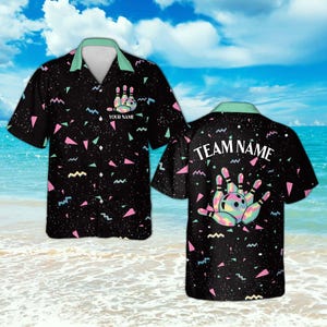 Camisa hawaiana de bolos con nombre de equipo personalizado, camisa de bolos estilo Memphis retro con botones, camisa de bolos con degradado personalizado, Noche de strike divertida