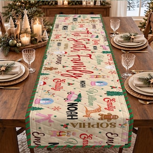 Könnte beinhalten: Ein gesteppter, cremefarbener Tischläufer mit einem sich wiederholenden Weihnachtsmuster, das roten, grünen und schwarzen Text mit der Aufschrift The Smith Family sowie Illustrationen von Lebkuchenmännern, Nussknackern und Rentieren zeigt.