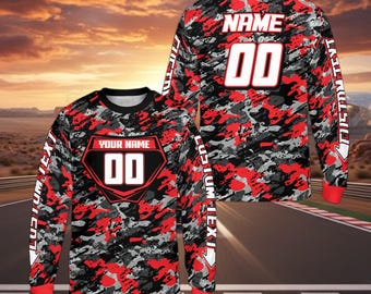 Kundenspezifisches Racing-Jersey Langarm-Camouflage Rot Schwarz, personalisiertes Namensnummer-Rennauto-Shirt, Unisex-Motorsportbekleidung, Dirt Bike Geschenk