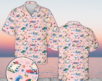 Surfende Gans Hawaii Hemd für Männer Frauen, Sommer Urlaub Outfit, schrulliges Tier Liebhaber Geschenk, Strandparty Button Up, Tropical Duck Shirt