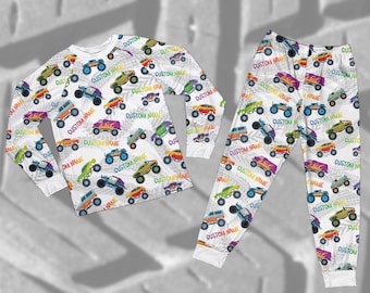 Custom Name Monster Truck Pajamas, Personalized Toddler Sleepwear Set, Monster Jam Theme Birthday PJs, Mud Tires and Fast Trucks Nightwear
