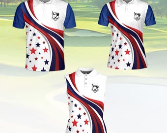 Personalisiertes Golfpolo für Männer & Frauen, USA Stars Stripes Performance Shirt, benutzerdefiniertes ärmelloses Golfoberteil, Vaterländische Teambekleidung, Sport Geschenk
