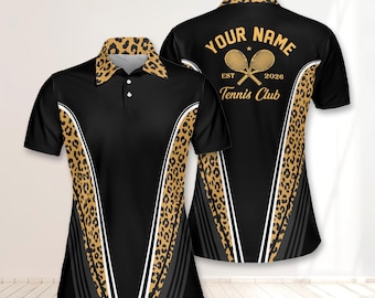 Leopard Print Tennis Shirt Personalisierte Tennis Club Uniform Benutzerdefinierter Name Tennisschläger Polo Unisex Sportbekleidung Geschenk für Tennisliebhaber