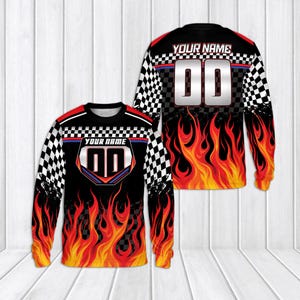 Anpassad racingtröja, personlig långärmad tröja med namn och nummer, motocross-tröja för dirt bike, design med eldflaggor och rutig flagga