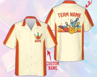 Personalisiertes Bowling Shirt, benutzerdefiniertes Team Name Hawaiihemd, Bowling Geschenk für Männer und Frauen, Retro Bowling Pins Button Down, Unisex Shirt