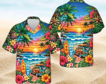 Colorful Hawaiian Shirt for Adults and Kids, Tropical Sunset Beach Shirt with Surfboard and Woody Car, Unisex Aloha Party Shirt, Summer Gift