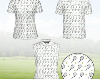 Gemustertes Tennisschläger-Poloshirt, niedliches Tennisball-Print-Golf-T-Shirt, sportliches Unisex-Top, Tennis-Liebhaber-Geschenk, Leistungspolo für alles Alter