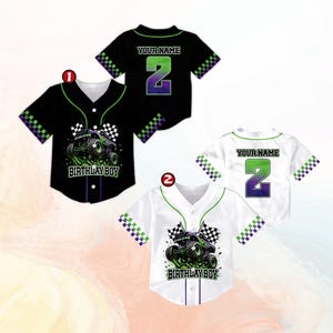 May include: Black and white baseball jerseys with green and purple detailing. One jersey has a monster truck graphic and the text "BIRTHDAY BOY". The other jerseys display the number 2 and the text "YOUR NAME".
