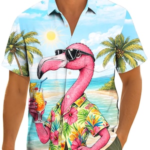 May include: A short-sleeved button-down shirt featuring a cartoon flamingo wearing sunglasses and holding a cocktail on a beach. The shirt has a tropical print with palm trees, a sunny sky, and a floral pattern.