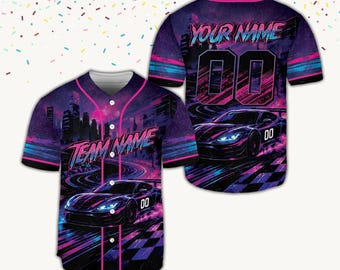 Custom Neon City Baseball Jersey, Personalized Racing Team Shirt, Synthwave Sports Apparel for Men Women Kids, Retro 80s Cyberpunk Jersey