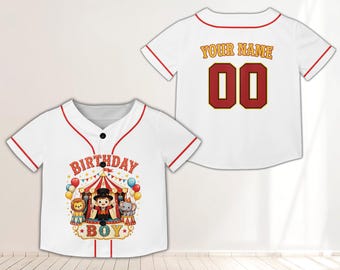 Personalisiertes Geburtstags-Jungen-Baseball-Shirt, Zirkustiere Karneval-Thema Jersey, kundenspezifisches Jugend-Baseball-Trikot, Kindergeburtstags-Party-Outfit