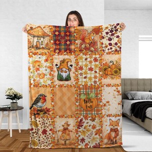 Autumn Leaves Fleece Throw, Rustic Pumpkin Blanket, Seasonal Patchwork Bedding, Cute Scarecrow Gift, Soft Warm Blanket for All Ages