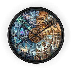 Peut inclure: Une horloge murale ronde avec un cadre noir et un cadran divisé. Le côté gauche présente des thèmes futuristes avec des extraterrestres, des cristaux et de la technologie, tandis que le côté droit illustre des époques historiques, dont des peintures rupestres, des pyramides et des châteaux.
