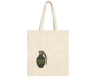 Grenade Canvas Tote Bag | 'Frag It Your Way' Gamer Slogan Graphic | Grocery Bag Gift