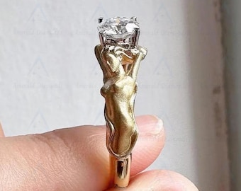 Runder Moissanite-Verlobungsring-Skulptur-Gold-weibliche Form-Ring einzigartige künstlerische handgemachte Schmucksachen Jahrestag Valentinstag Geschenk für sie