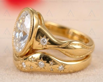 Anillo de compromiso ovalado de moissanita de 3 quilates, alianza de boda con diseño de estrella celestial, conjunto de anillos de boda con bisel milgrain grabado, regalo único de aniversario para ella.