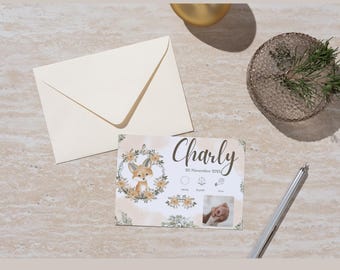 Boho Fox Birth Announcement/Personalized Announcement with First Name, Date, Time, Weight, Height, Photo/Announcement Card/Digital Format