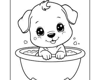 Puede incluir: Ilustración en blanco y negro de un cachorro en una bañera. El cachorro tiene ojos grandes y está sonriendo. La bañera tiene patas de garra y está llena de burbujas.