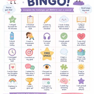 Puede incluir: Un colorido tablero de juego "Focus Bingo" con desaf&iacute;os y recompensas. La imagen presenta ilustraciones de dibujos animados de un cerebro, estrellas y un trofeo, fomentando h&aacute;bitos positivos y la fijaci&oacute;n de objetivos. El texto incluye "&iexcl;Puedo hacer cosas dif&iacute;ciles!"