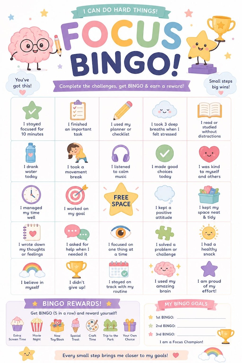 Puede incluir: Un colorido tablero de juego "Focus Bingo" con desaf&iacute;os y recompensas. La imagen presenta ilustraciones de dibujos animados de un cerebro, estrellas y un trofeo, fomentando h&aacute;bitos positivos y la fijaci&oacute;n de objetivos. El texto incluye "&iexcl;Puedo hacer cosas dif&iacute;ciles!"